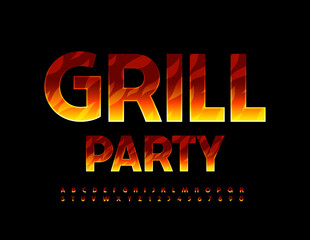 Vector creative flyer Grill Party. Fire pattern Font. Flaming shiny Alphabet Letters and Numbers set