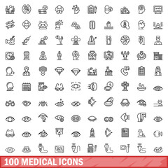 100 medical icons set. Outline illustration of 100 medical icons vector set isolated on white background
