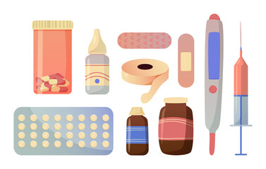 Pharmacy kit items. Pills, medicines, plasters and a thermometer. Set of vector illustrations flat cartoon style