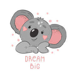 Cute cartoon baby koala is dreaming. Great kids print for clothes or room, for cover and poster, collage. Vector.