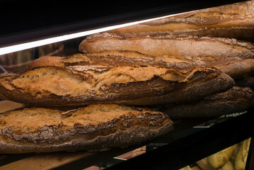 Closeup of traditional bread in a french bakery showroom