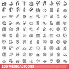 100 medical icons set. Outline illustration of 100 medical icons vector set isolated on white background