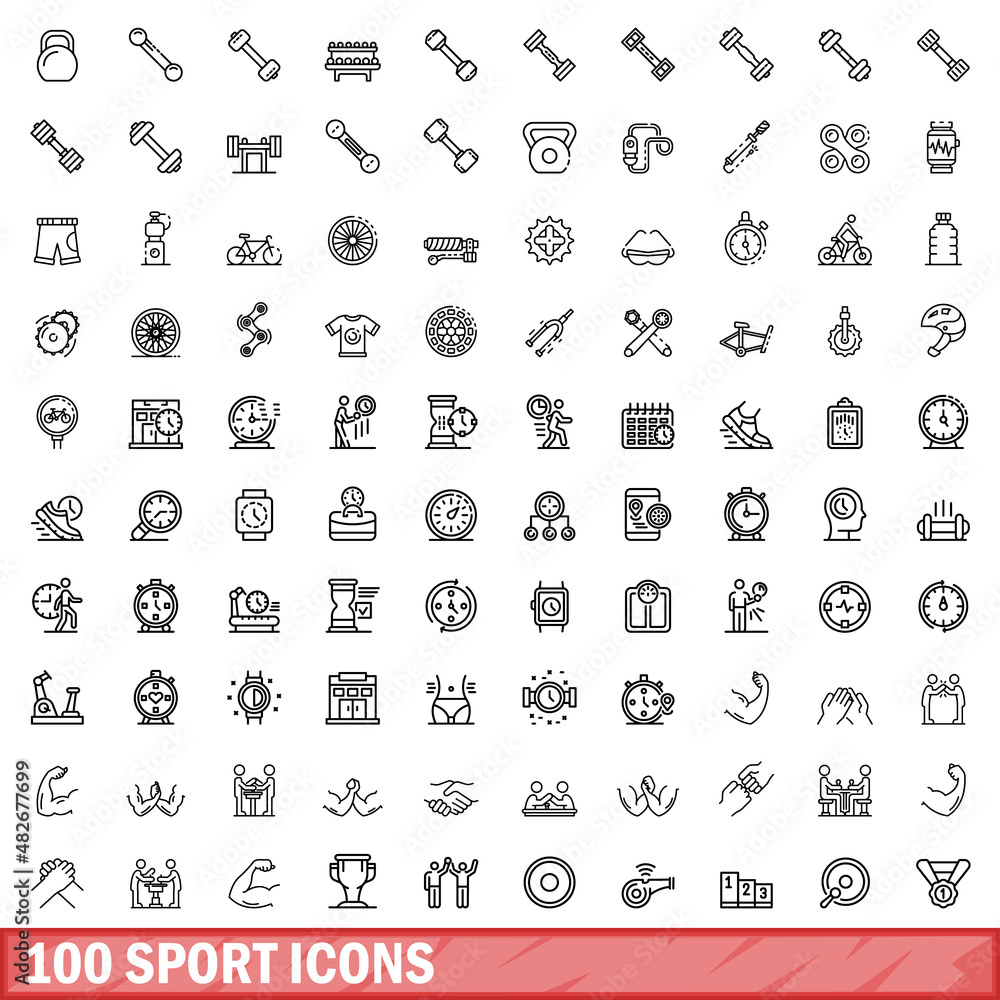 Wall mural 100 sport icons set. Outline illustration of 100 sport icons vector set isolated on white background - Wall murals