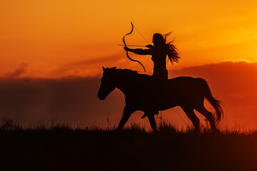 silhouette of a woman on horseback with long hair and a bow and arrow against the setting sun