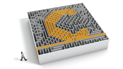 3D illustration of C-shaped maze with a man entering