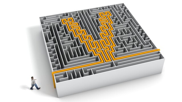 3D illustration of V-shaped maze with a man entering