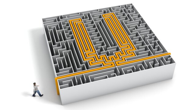 3D illustration of U-shaped maze with a man entering