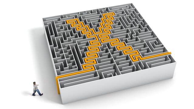 3D illustration of X-shaped maze with a man entering