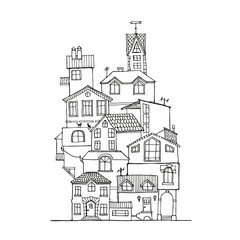 Doodle house hand drawn in black and white. Scandinavian cartoon ink houses. Home icon or logo. Adult coloring page. Vector Illustration.