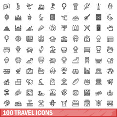 100 travel icons set. Outline illustration of 100 travel icons vector set isolated on white background