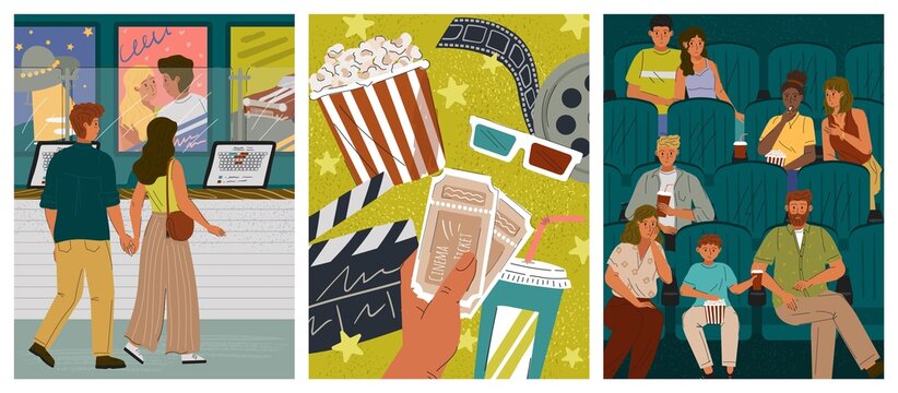 People watching movie in cinema theater. Couple buying ticket to cinema. Film intertainment industry posters set. Vector illustration with popcorn, movie tickets, reel and people audience