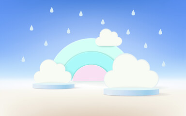 Abstract rainbow in the rainy background. paper cut and craft design. vector, illustration.