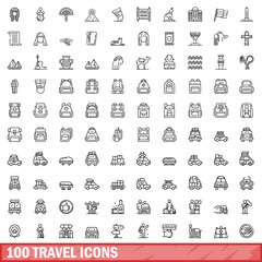 100 travel icons set. Outline illustration of 100 travel icons vector set isolated on white background