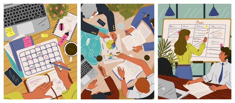 Group of business people working at the office desk. Business concept top view vector posters. Calendar schedule planning, office meeting, team work, kanban board