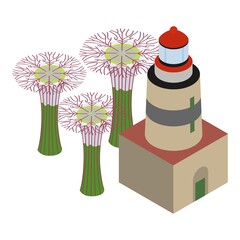 Singapore landmark icon isometric vector. Lighthouse and super tree grove icon. Lighthouse in straits of malacca and botanical garden in singapore
