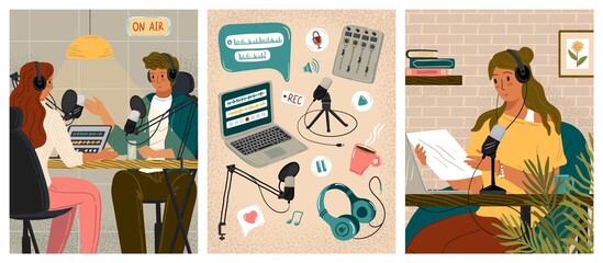 People recording audio podcast or online show in studio. Concept vector posters. Radio host interviewing guest. Female blogger records podcast. Live streaming, mic, sound recording icons, headphones