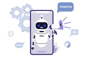Virtual assistant User call to hotline Online chat bot support Job search recruitment Marketing automation concept Robot shouting out a message with bullhorn over white background Vector illustration 