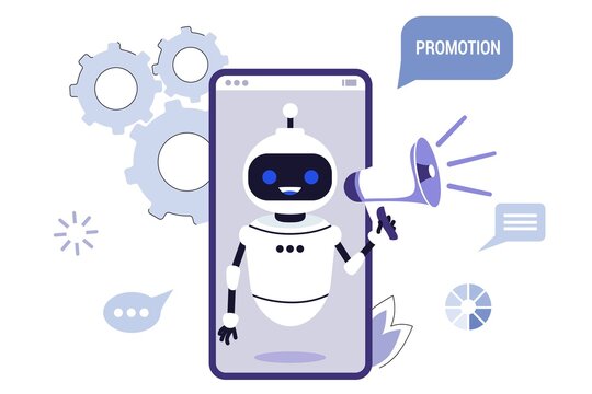 Virtual assistant User call to hotline Online chat bot support Job search recruitment Marketing automation concept Robot shouting out a message with bullhorn over white background Vector illustration 