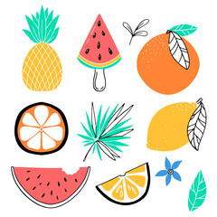 Various bright items for summer holidays. Fruits and snacks. Accessories drawn in a flat style. Black and white fruits. Vector illustration isolated on white background.