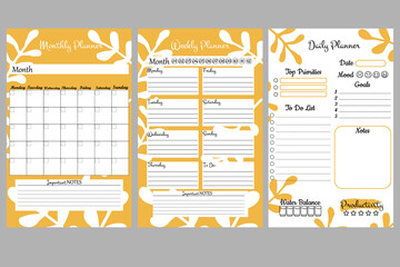 Set of minimalistic planners. Daily, weekly, monthly planner template. A cute and simple printable to-do list. Simple green leaves, branches. Design with yellow and white elements. - obrazy, fototapety, plakaty