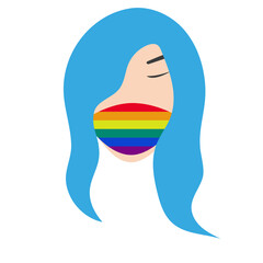 vector illustration of a girl on the theme of the LGBT movement with a rainbow flag on a face mask