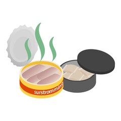 Swedish product icon isometric vector. Swedish snus and can of surstromming icon. Portion snus in container, fermented herring, national product