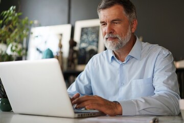 Portrait of senior man with grey hair working with laptop in office. - obrazy, fototapety, plakaty