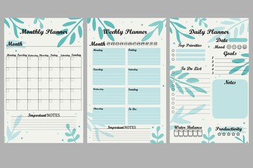 Set of minimalist planners. Daily, weekly, monthly planner template. Cute and simple printable to do list. Simple green leaves, branches. Design with pink elements.