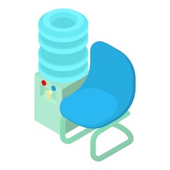 Office equipment icon isometric vector. Water cooler and blue soft chair icon. Watercooler, furniture, equipment, modern interior