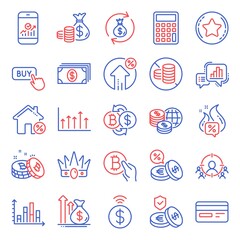 Finance icons set. Included icon as Business targeting, Calculator, Growth chart signs. Budget, Hot offer, Contactless payment symbols. No cash, Currency exchange, Savings insurance. Crown. Vector