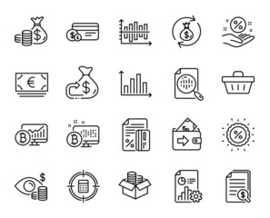 Vector set of Financial documents, Loan percent and Euro currency line icons set. Coins bag, Money box and Report icons. Wallet, Calculator target and Credit card signs. Vector