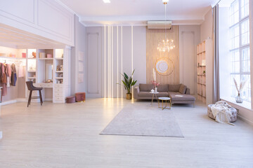 luxurious modern interior of the living room of an expensive spacious bright apartment. upholstered furniture and decorative lighting, soft pastel colors and cozy atmosphere