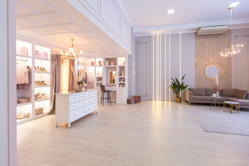 spacious expensive luxury bright interior of open-plan apartment in pink colors with dressing room,...