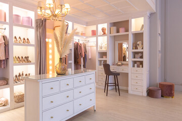 luxurious modern dressing room interior in a chic bright apartment in pink. trendy lighting,...