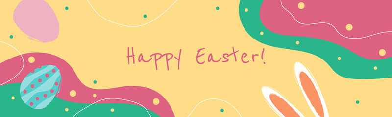 Design template on colorful backdrop. Poster, card, banner design. Happy easter card. Vector template. Festive illustration. Easter eggs, rabbit. Spring season