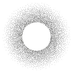 Halftone circle frame with black random dots, logo emblem design element for technology, medical, treatment, cosmetic. Border with empty space for your text, round shape. Vector illustration