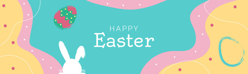 Design template on colorful backdrop. Poster, card, banner design. Happy easter card. Festive vector illustration. Easter eggs, rabbit. Spring season