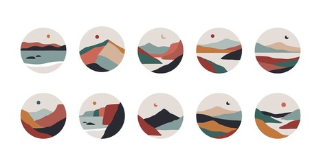 Mountain landscape round icons. Abstract sea river sun moon hills, hand drawn nature set for stories. Vector illustration