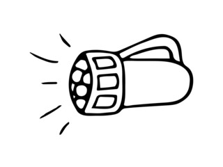 Hand drawn doodle camping flashlight. Vector single travel element. Black and white torch. Outline.