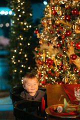 Fototapeta na wymiar Little boy playing by the christmas tree