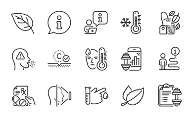 Healthcare icons set. Included icon as Cough, Collagen skin, Blood donation signs. Dumbbell, Fever, Prescription drugs symbols. Mint leaves, Leaf, Mint bag. Face id, Fitness app. Vector