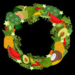 vector illustration of vegetables and fruits gathered in a wreath on a black background. The concept of a healthy lifestyle and nutrition
