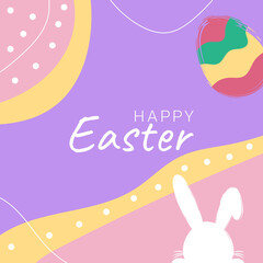 Design template on colorful backdrop. Poster, card, banner design. Happy easter card. Vector template. Easter eggs, rabbit. Spring season. Festive vector postcard, holiday event poster