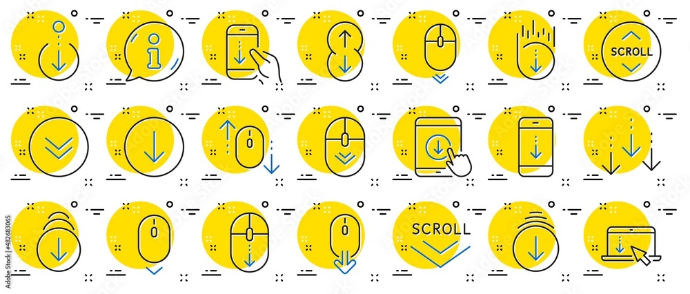 Poster scroll down line icons. scrolling mouse, landing page swipe signs. mobile device technology icons. w