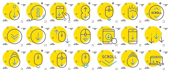 Scroll down line icons. Scrolling mouse, landing page swipe signs. Mobile device technology icons. Website scroll navigation. Tablet pc or smartphone swipe symbols. Phone scrolling. Vector