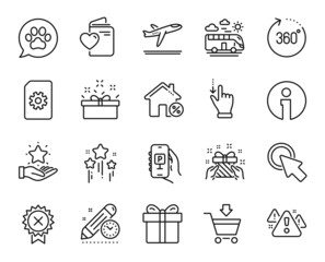 Vector set of Reject medal, Present box and Loan house line icons set. 360 degrees, Pets care and Parking app icons. Click here, Love document and Stars signs. Reject medal web symbol. Vector