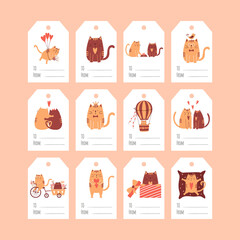 A set of gift tags with cute cartoon cats for Valentine's Day. A collection of present labels with illustrations and the words To, from. Color vector illustrations on a white background.