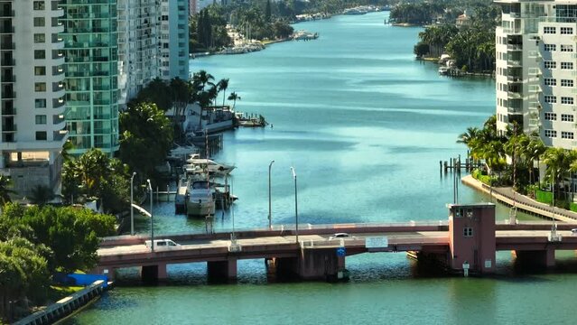 Aerial telephoto video Miami Beach 63rd Street Bridge