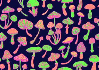 Magic mushrooms seamless pattern. Psychedelic hallucination. 60s hippie colorful art. Vintage psychedelic textile, fabric, wrapping, wallpaper. Vector repeating illustration.