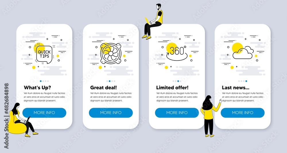 Poster vector set of science icons related to computer fan, quick tips and full rotation icons. ui phone ap